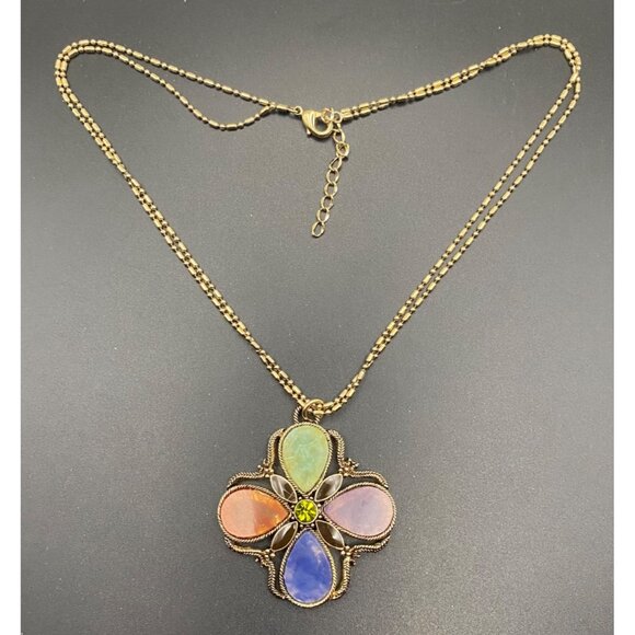 Monet Maltese Cross Pendant Necklace Multicolor Stones Gold Tone Chain 16+2" - Picture 10 of 10